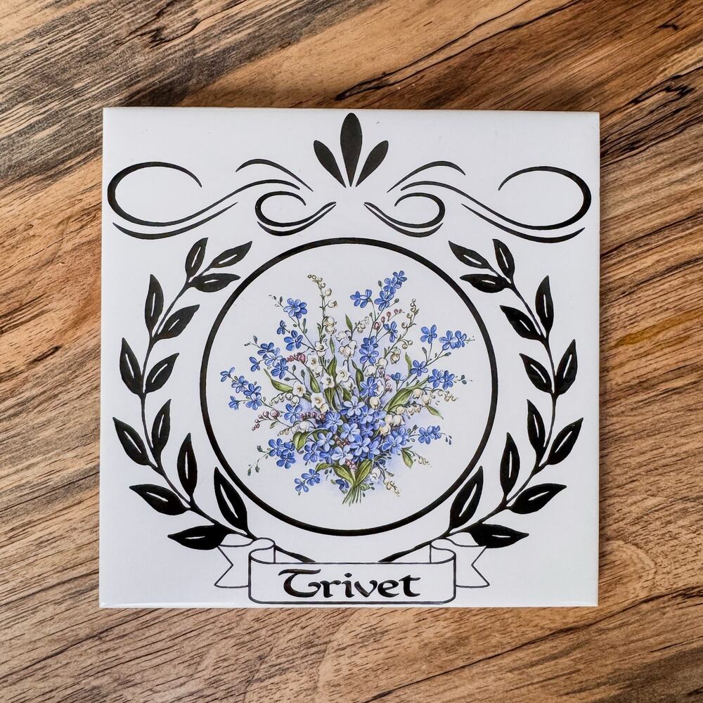 1960’s Vintage TerraCotta TileCraft Trivet, Blue and White Flower Bouquet, 6”
